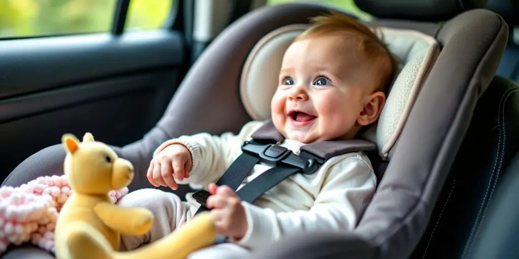 Bebê em cadeirinha de carro com brinquedos ao redor.